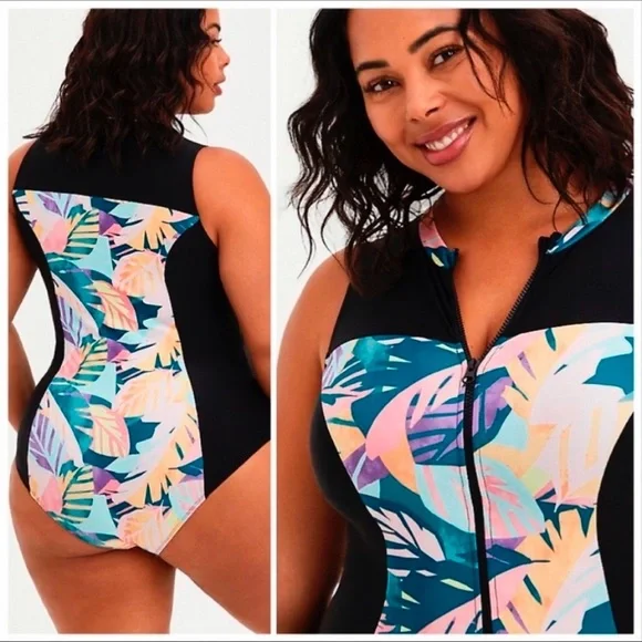 TORRID zippered tropical one piece rashguard swimsuit, 6X. - Picture 4 of 9